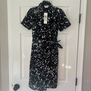 NWT Calvin Klein Wrap  Short Sleeve Midi Dress Women‎ Size 0Black White $139.50
